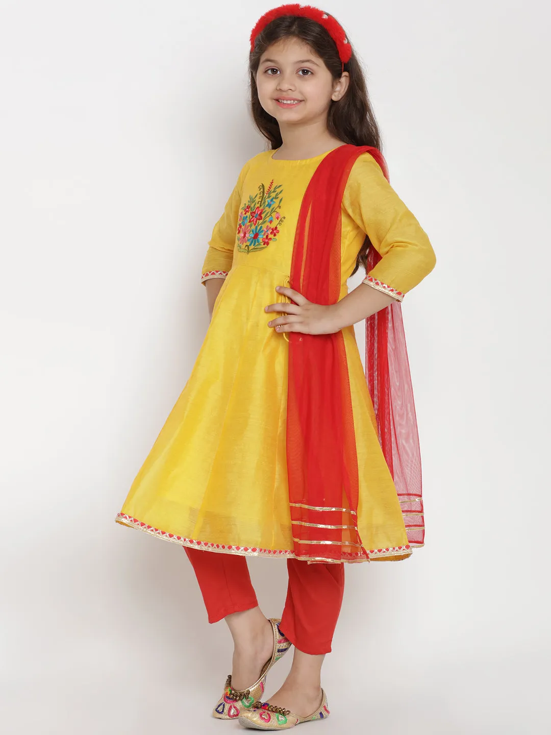 Girls Yellow & Red Embroidered Kurta With Trousers & Dupatta