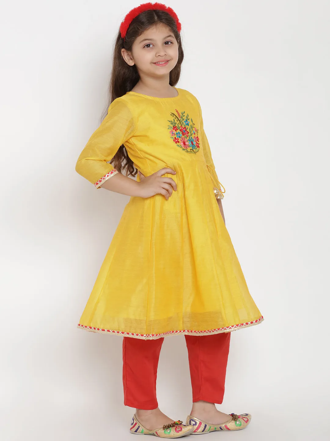 Girls Yellow & Red Embroidered Kurta With Trousers & Dupatta