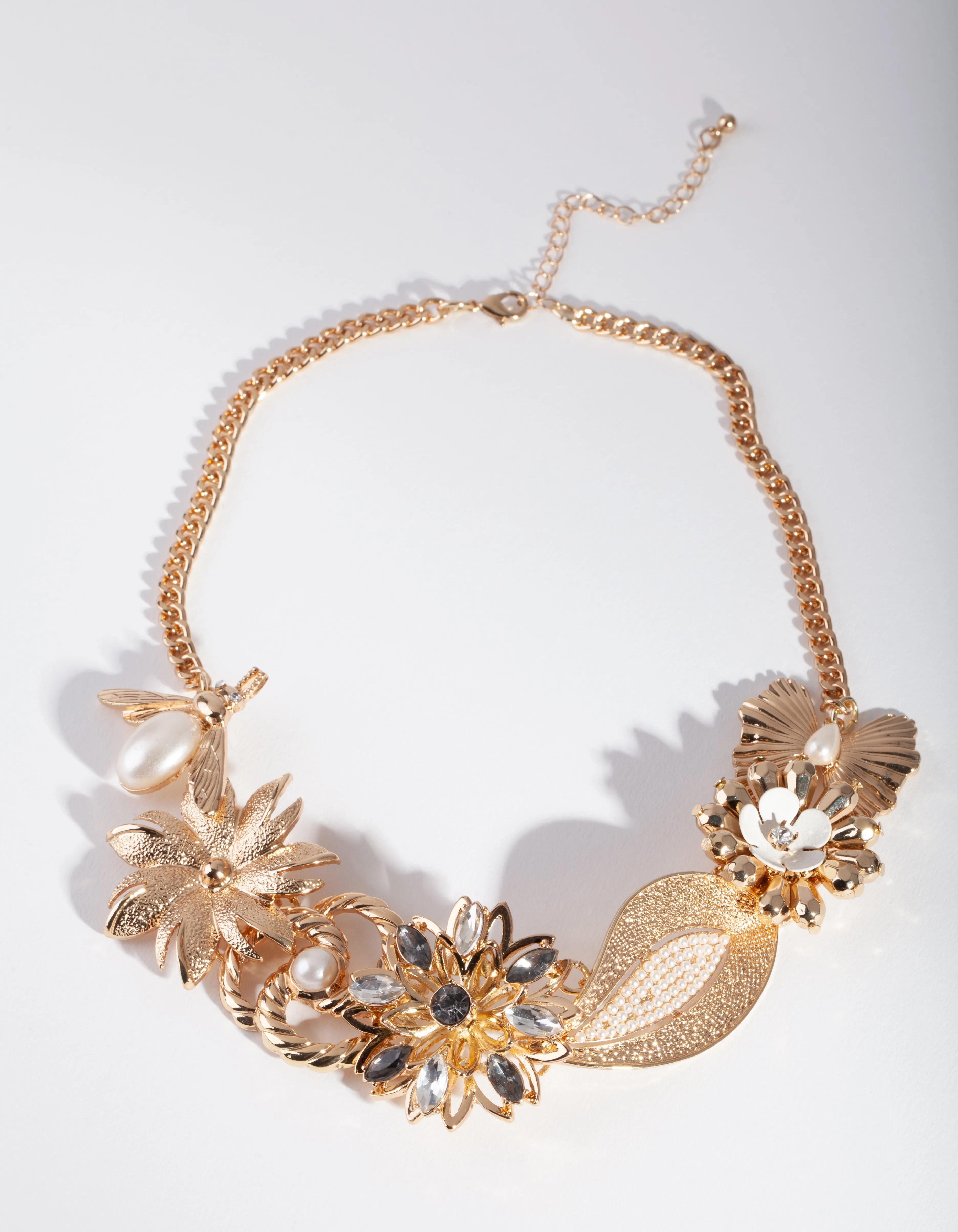 Gold Bee Flower & Pearl Necklace