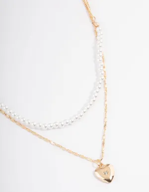 Gold Pearl Strand & Heart Layered Necklace