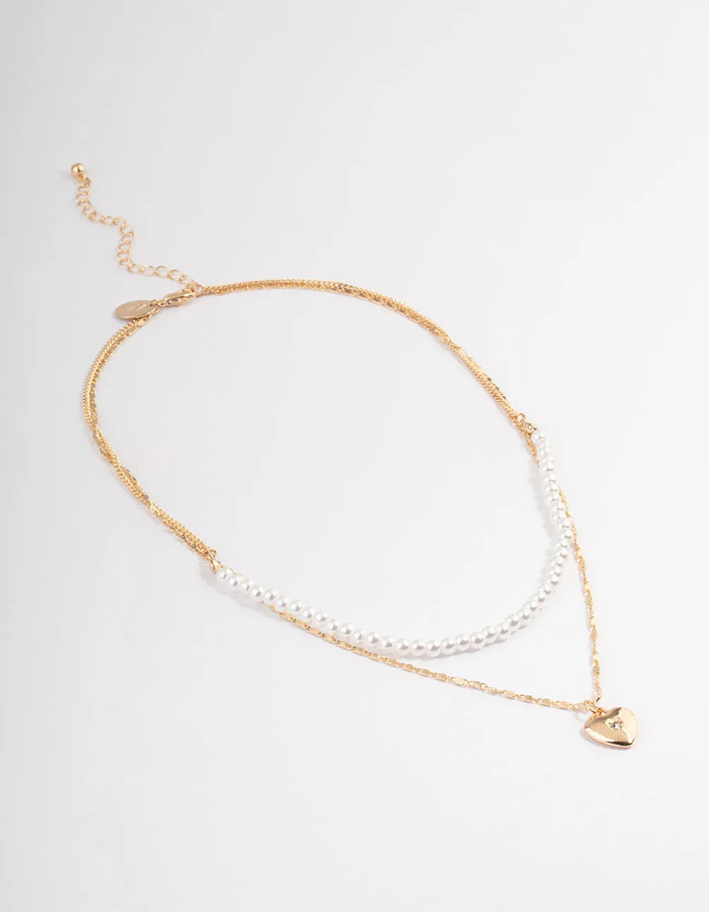 Gold Pearl Strand & Heart Layered Necklace