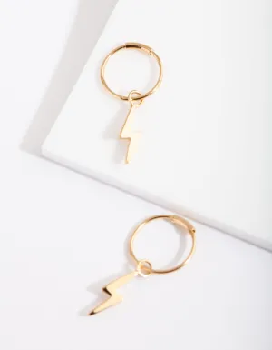 Gold Plated Sterling Silver Lightening Bolt Charm Hoop Earrings