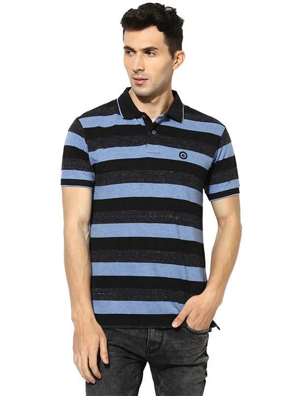 Greenfibre Blue Striped Slim Fit Polo T-Shirt