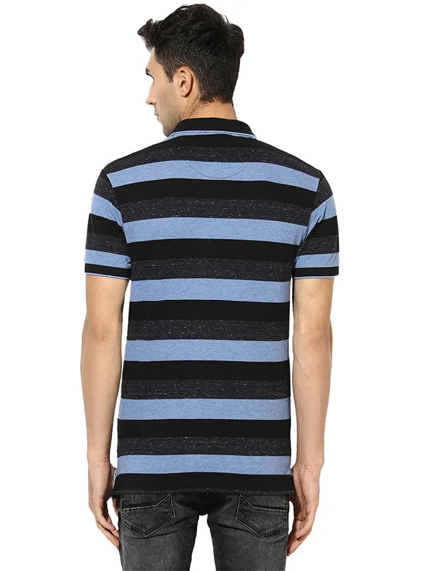 Greenfibre Blue Striped Slim Fit Polo T-Shirt