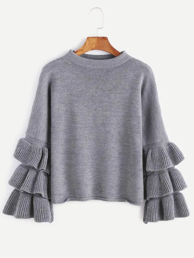 Grey Layered Ruffle Sleeve Pullover Sweater