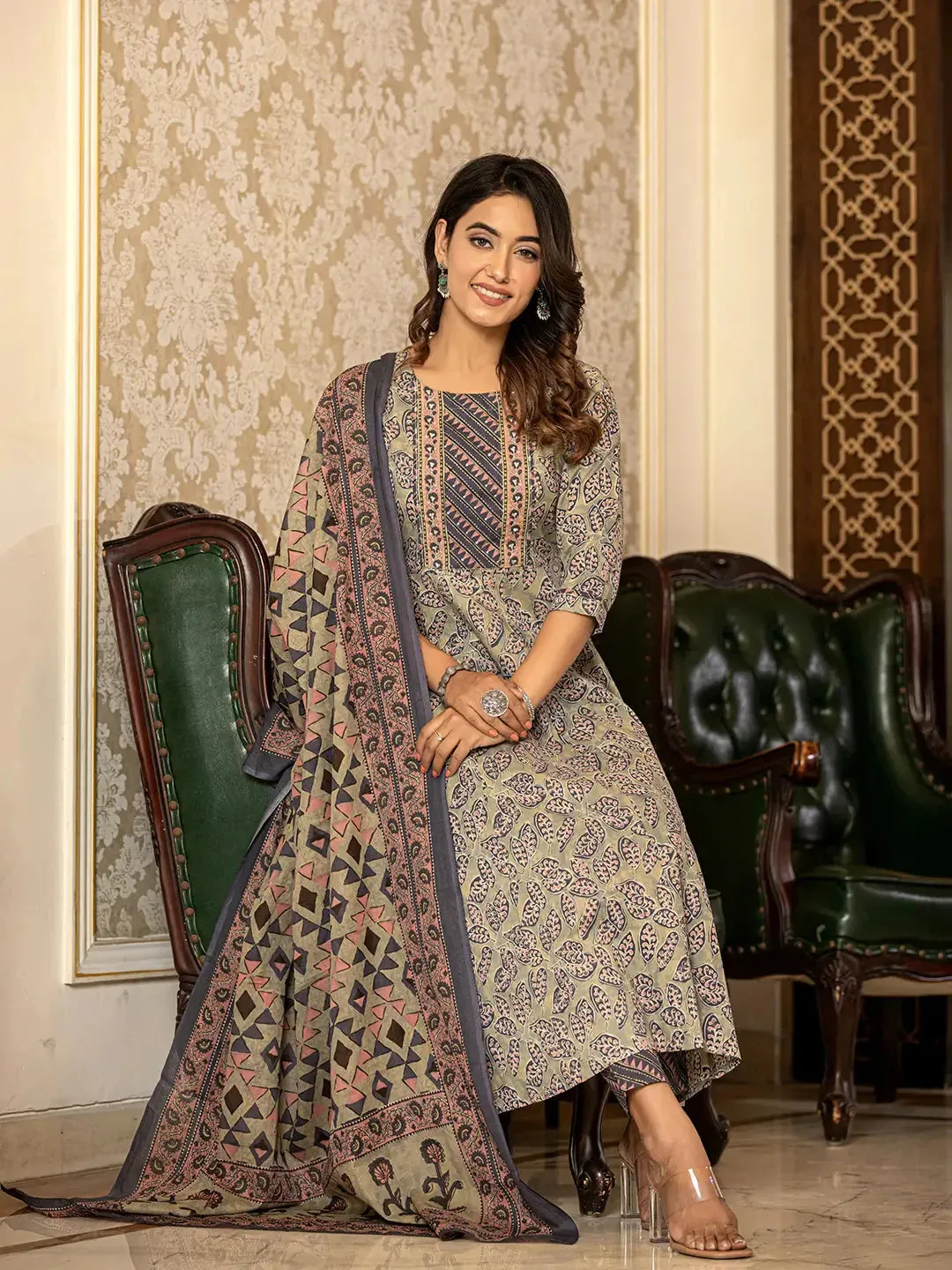 Grey Leaf Print Cotton Anarkali Kurta Trouser And Dupatta Set