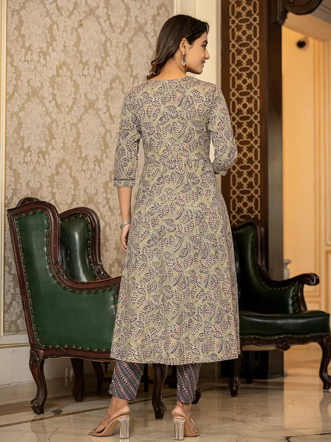 Grey Leaf Print Cotton Anarkali Kurta Trouser And Dupatta Set