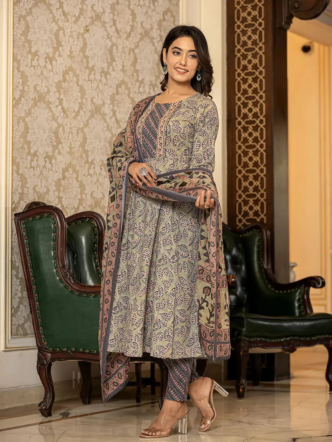 Grey Leaf Print Cotton Anarkali Kurta Trouser And Dupatta Set