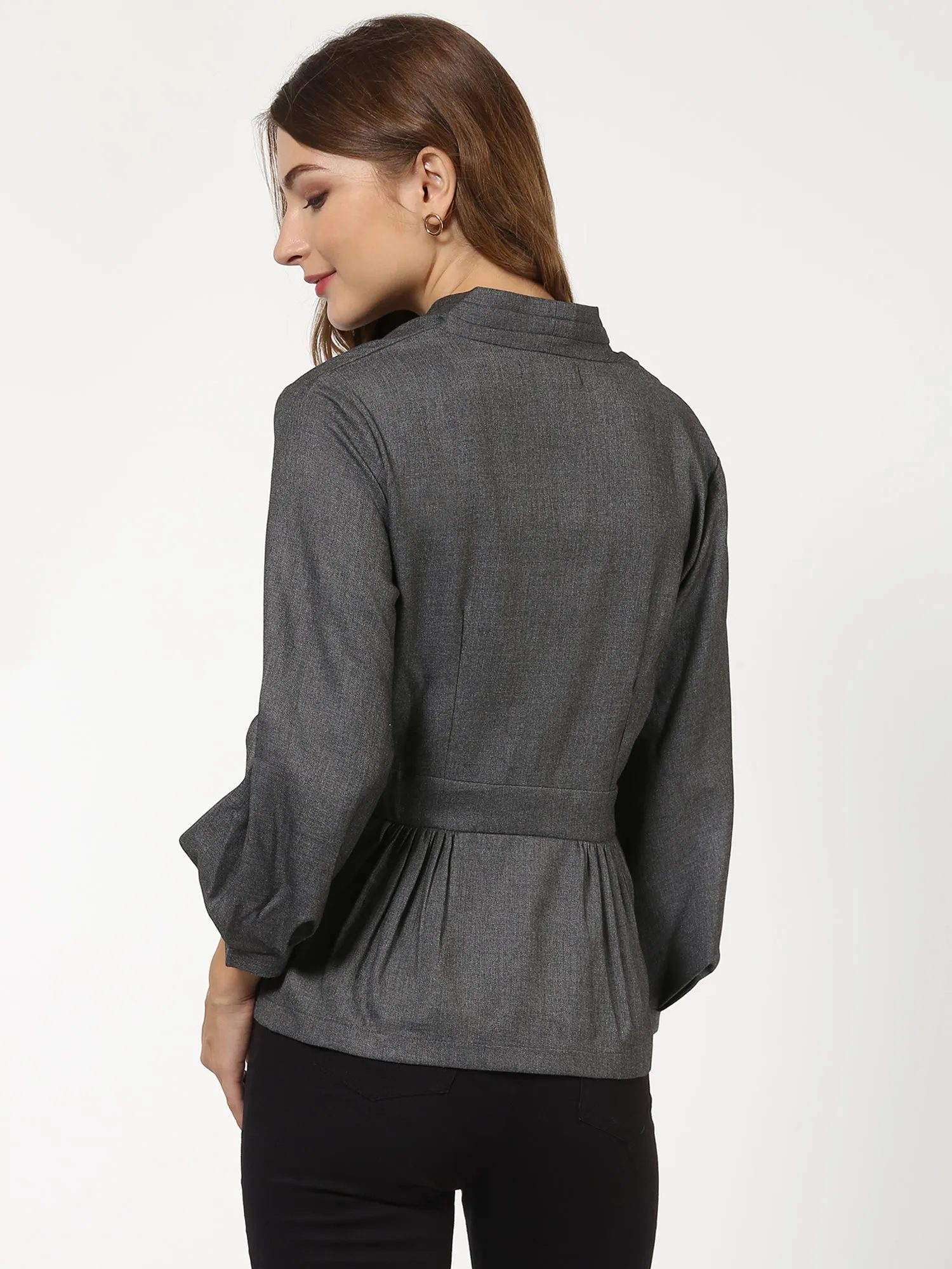 Grey Peplum Balloon Sleeve Blazer