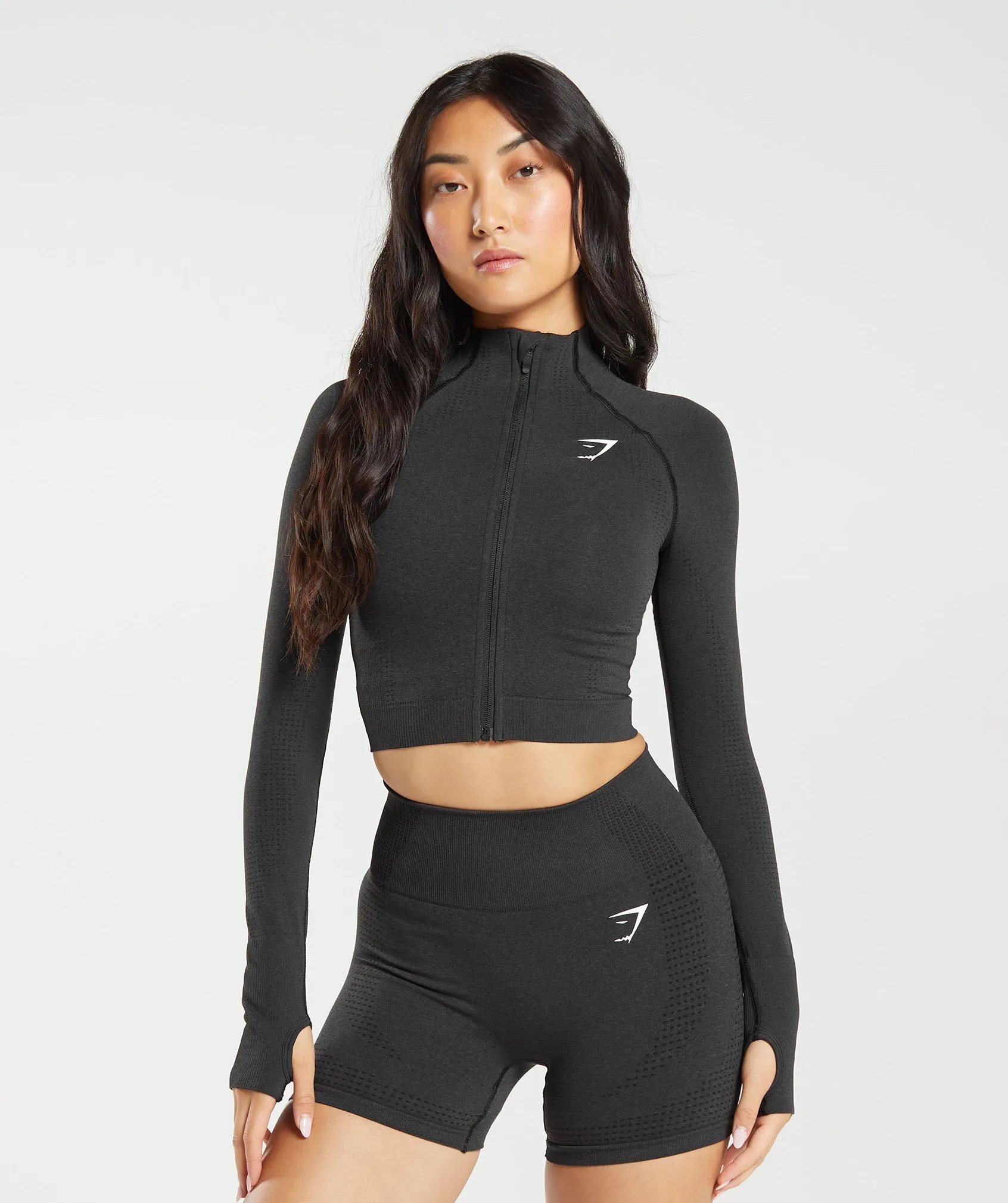 Gymshark Vital Seamless 2.0 Midi Zip Up Jacket - Black Marl