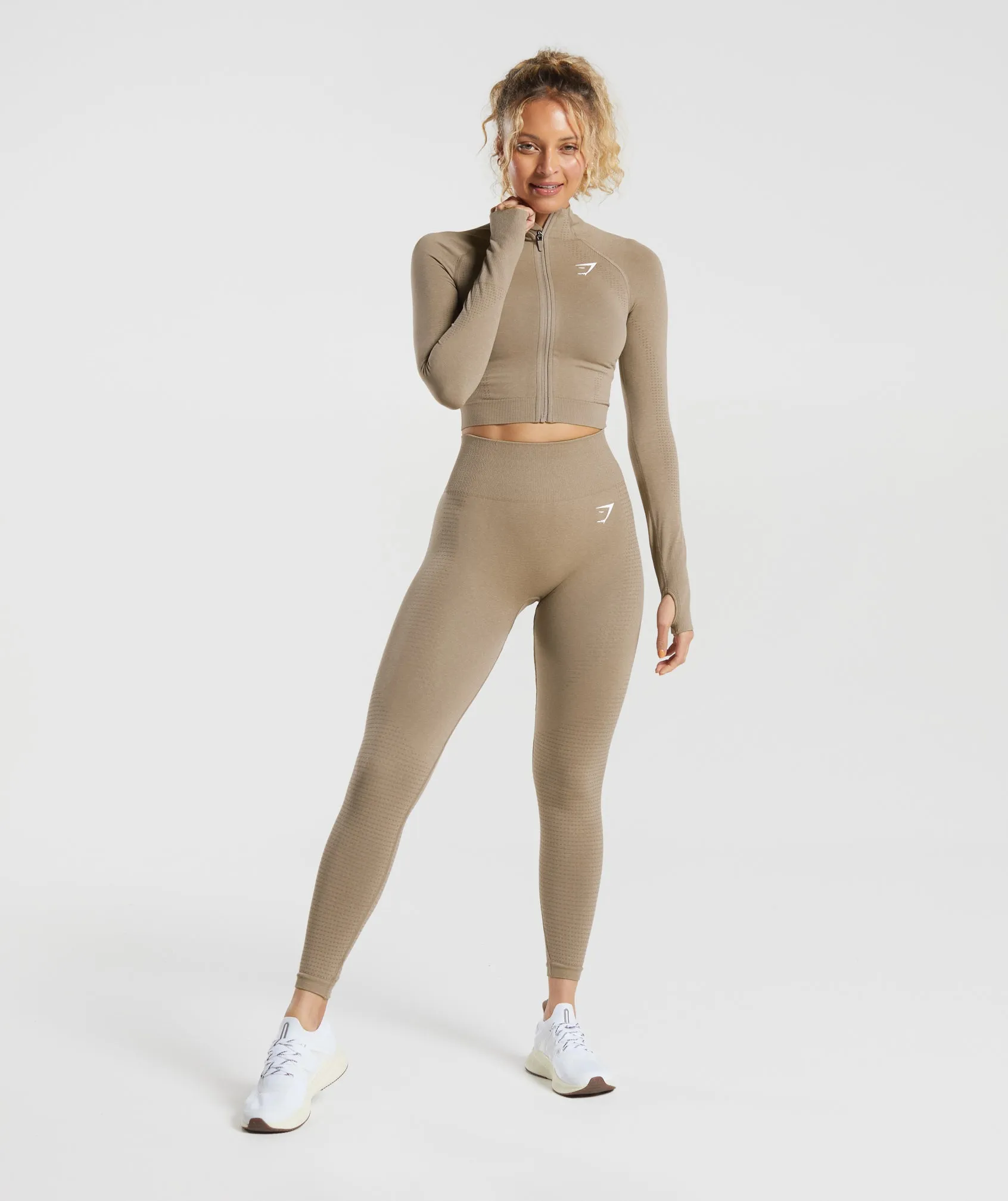 Gymshark Vital Seamless 2.0 Midi Zip Up Jacket - Vanilla Brown Marl