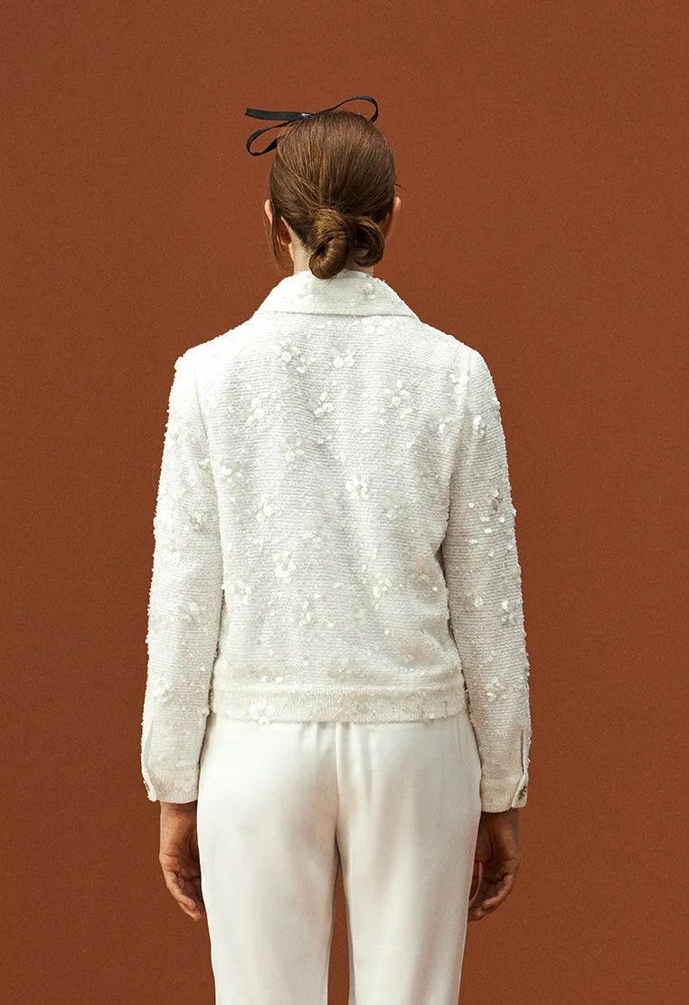 Lapel White Tweed Sequin and Bead Detailing Jacket