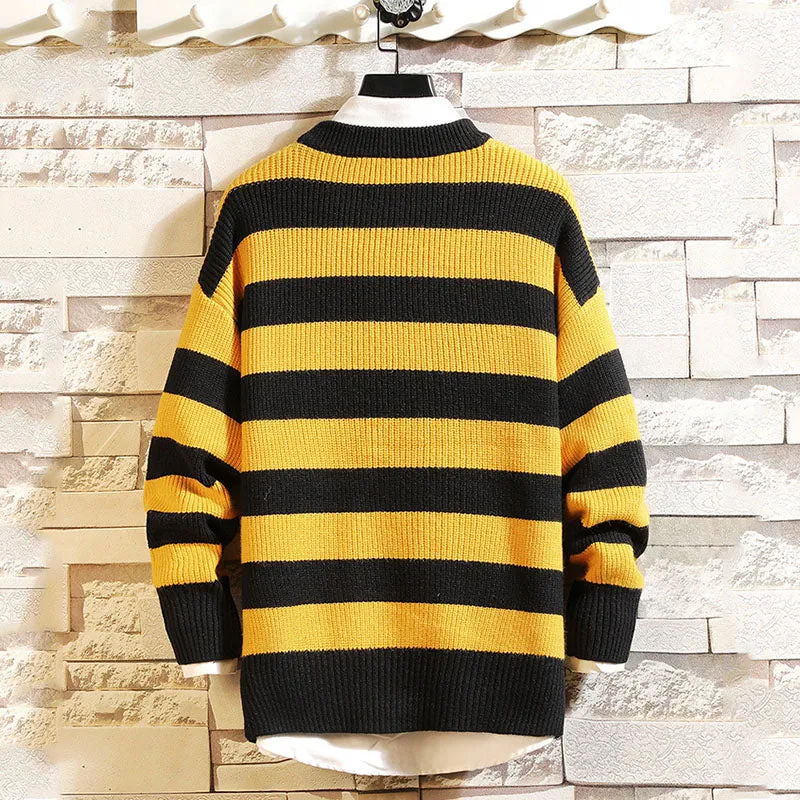 Men's Simple Round Neck Striped Pullover Sweater