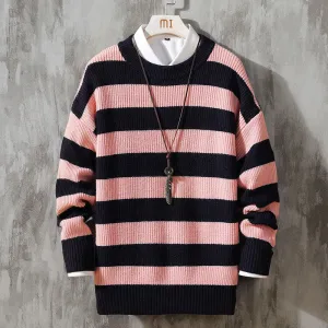 Men's Simple Round Neck Striped Pullover Sweater