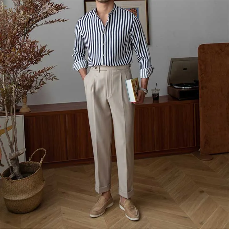 Men's Slim-fit Stand-up Collar Striped Long-sleeved Shirt