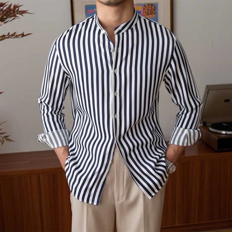 Men's Slim-fit Stand-up Collar Striped Long-sleeved Shirt