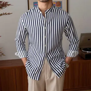 Men's Slim-fit Stand-up Collar Striped Long-sleeved Shirt