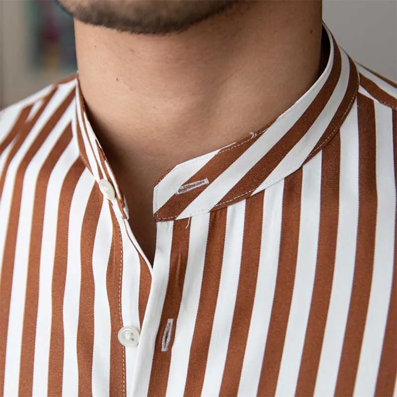 Men's Slim-fit Stand-up Collar Striped Long-sleeved Shirt