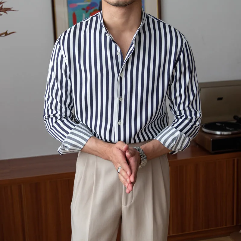 Men's Slim-fit Stand-up Collar Striped Long-sleeved Shirt