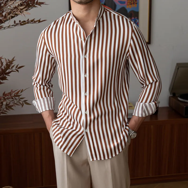 Men's Slim-fit Stand-up Collar Striped Long-sleeved Shirt