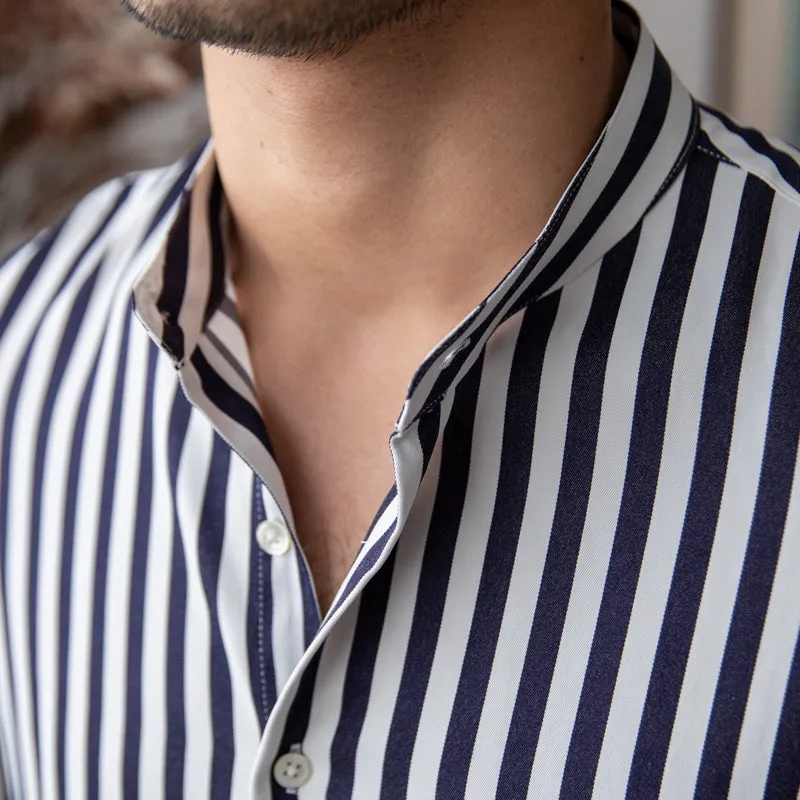 Men's Slim-fit Stand-up Collar Striped Long-sleeved Shirt