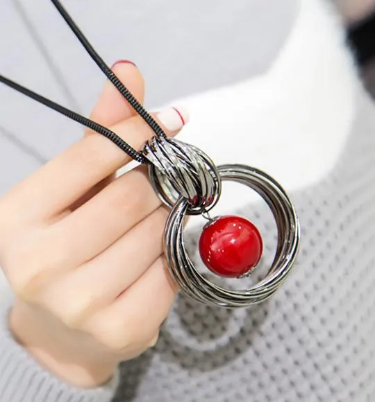 New circles simulated pearl ball pendant long necklace women black chain fashion jewelry wholesale gift