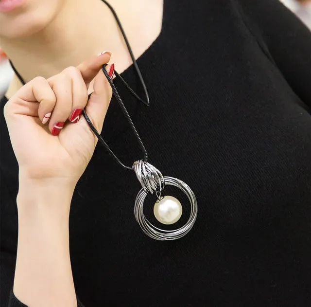 New circles simulated pearl ball pendant long necklace women black chain fashion jewelry wholesale gift