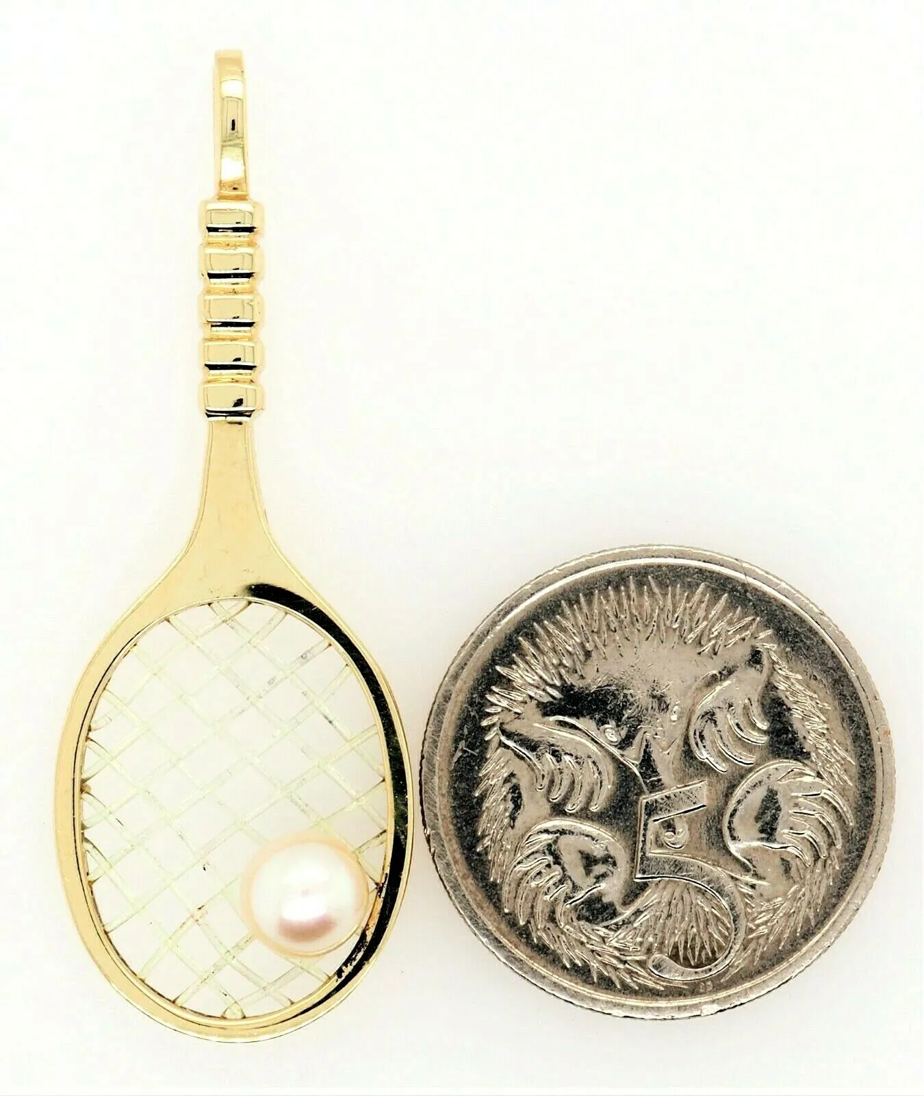 Pearl & 9ct Yellow Gold Tennis Racquet Pendant