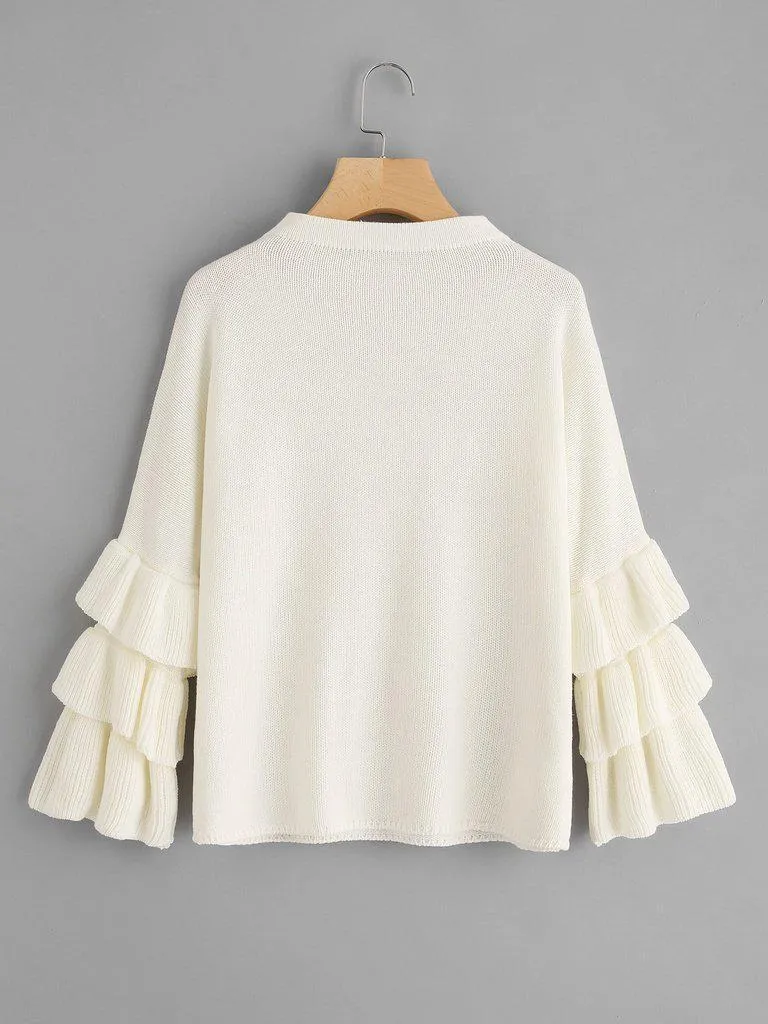 Pearl Beading Tiered Ruffle Sleeve Jumper