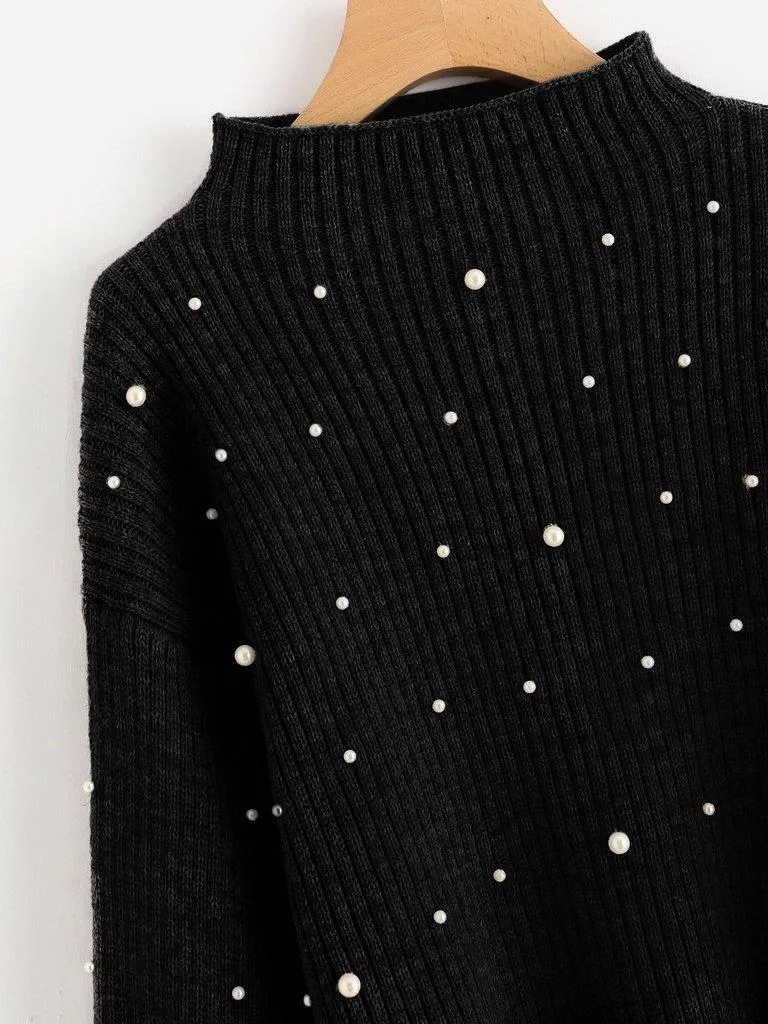 Pearl Embellished Exaggerated Bishop Sleeve Ribbed Sweater