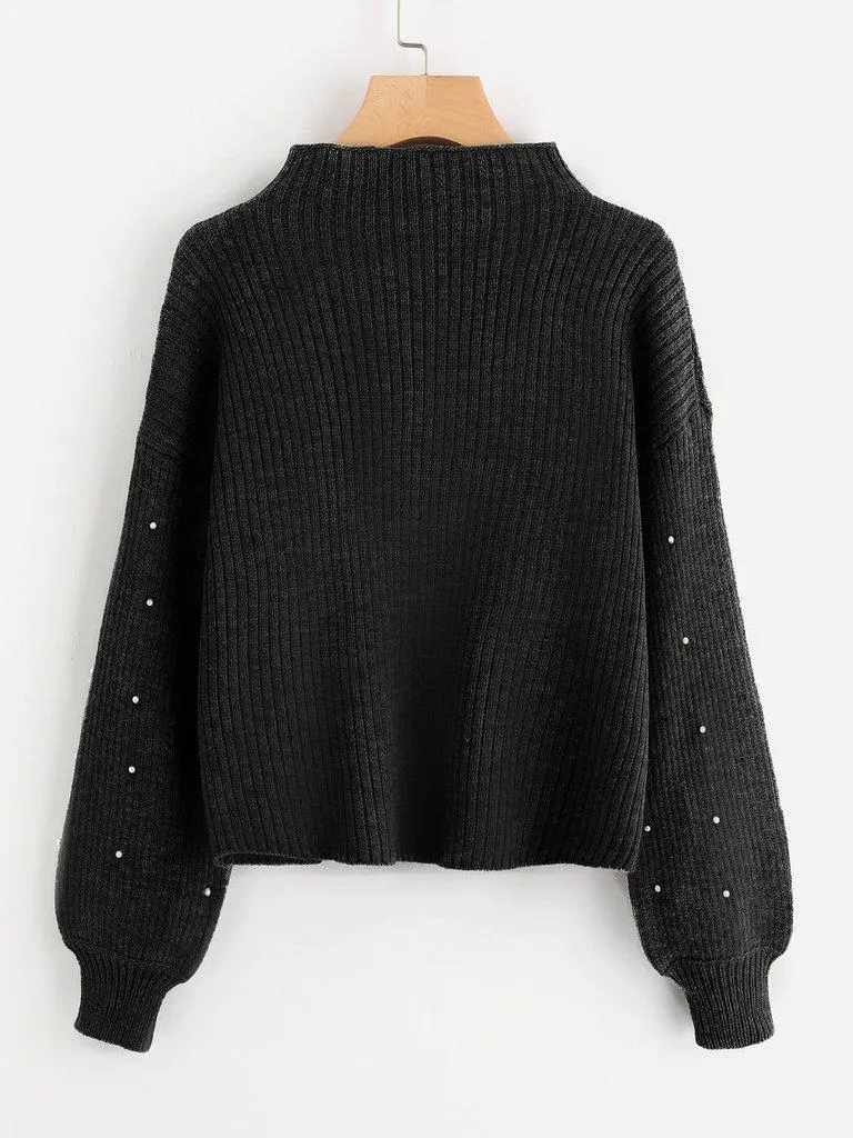 Pearl Embellished Exaggerated Bishop Sleeve Ribbed Sweater