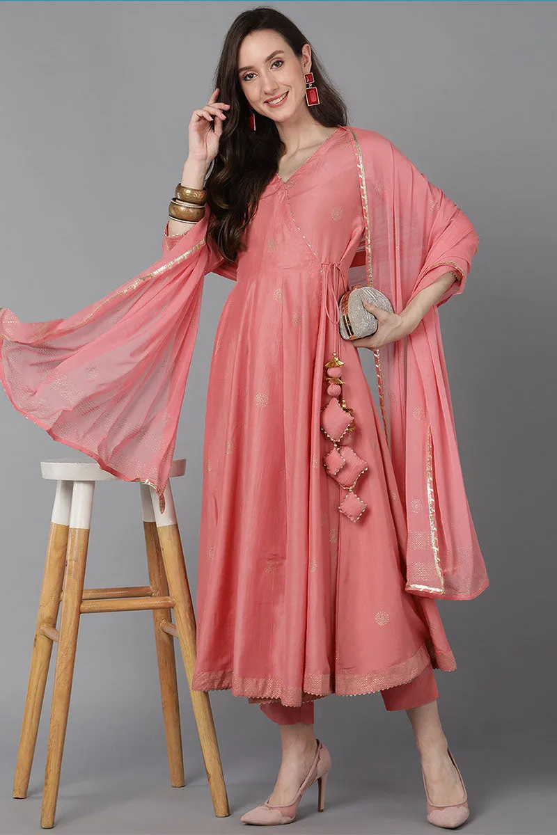 Pink Poly Silk Solid Kurta Trousers With Dupatta