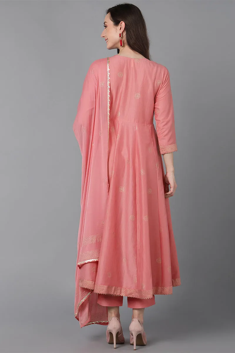 Pink Poly Silk Solid Kurta Trousers With Dupatta