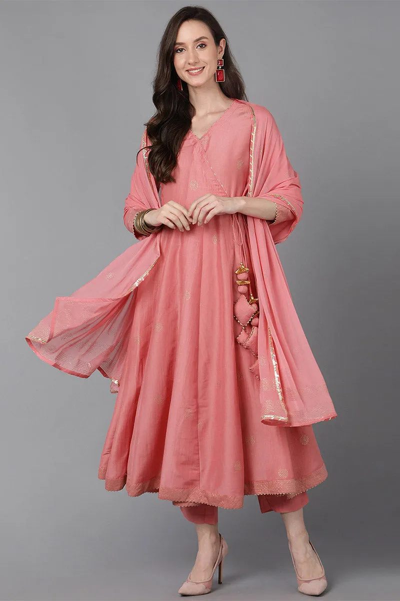 Pink Poly Silk Solid Kurta Trousers With Dupatta