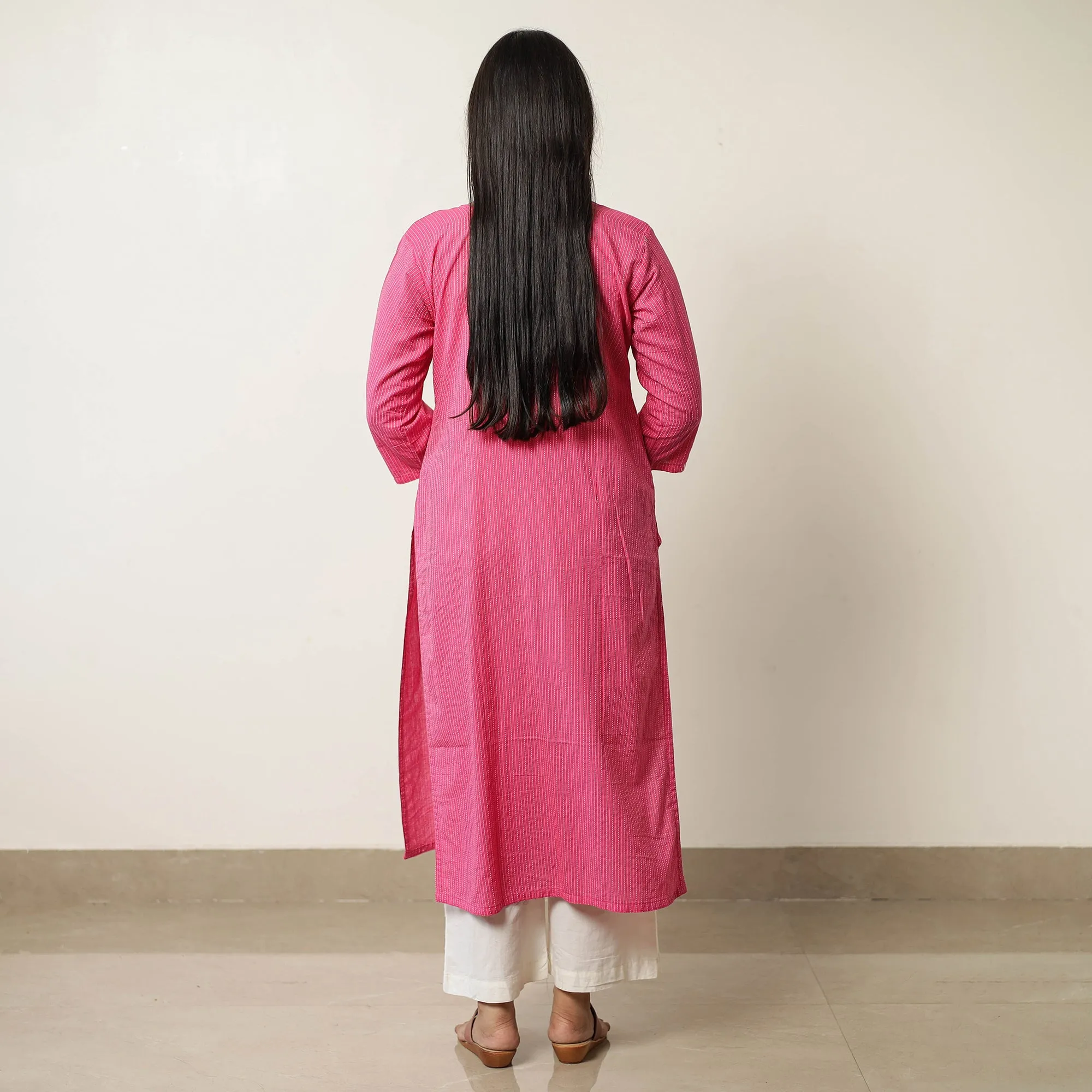 Pink - Running Stitch Cotton Long Kurta 37