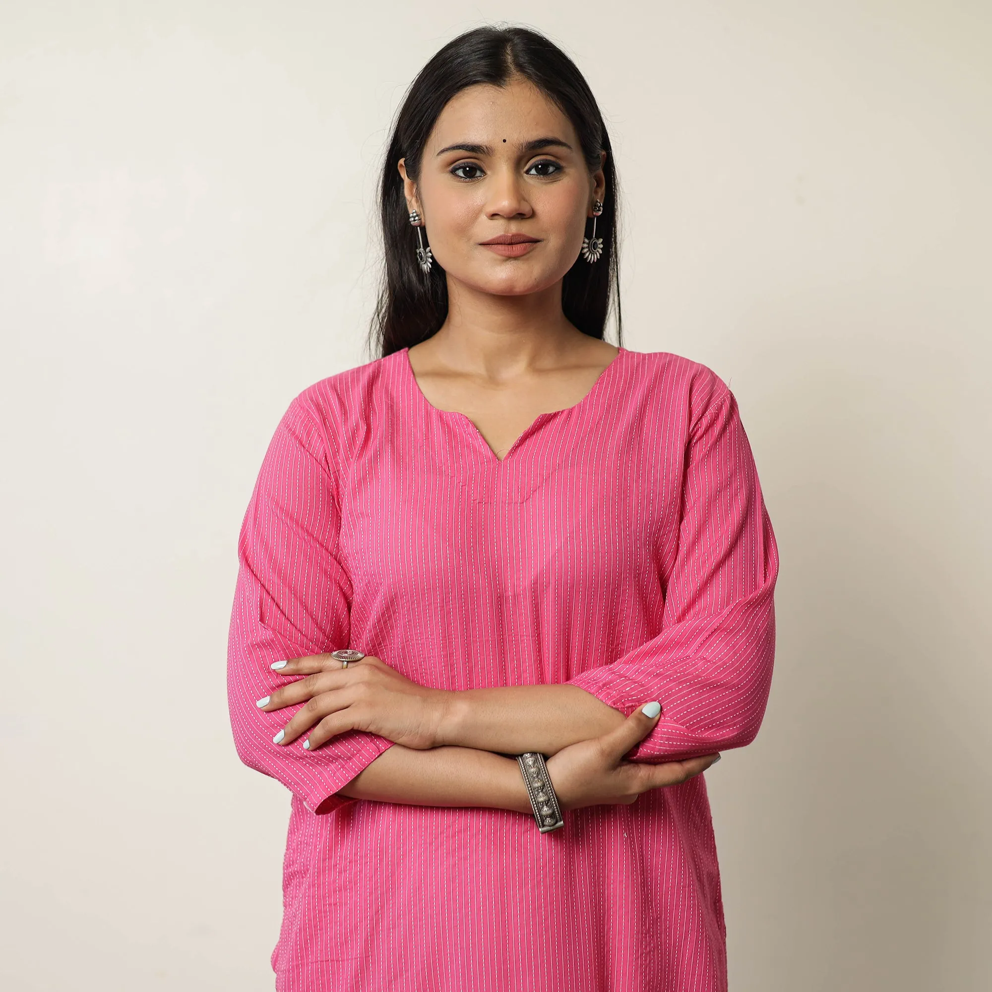 Pink - Running Stitch Cotton Long Kurta 37