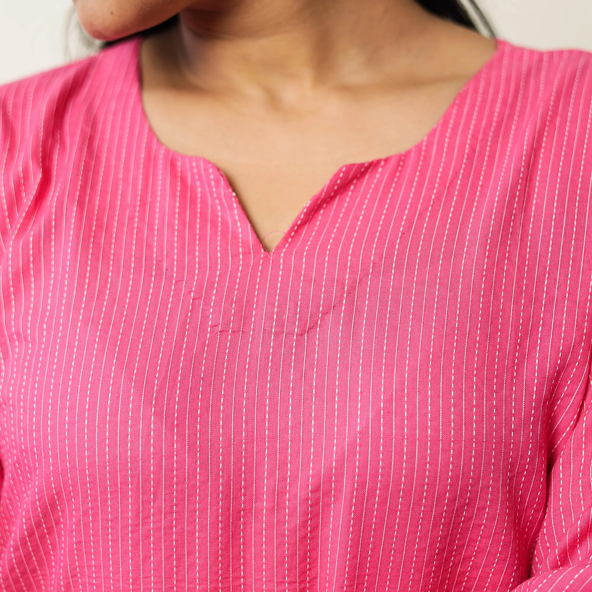 Pink - Running Stitch Cotton Long Kurta 37