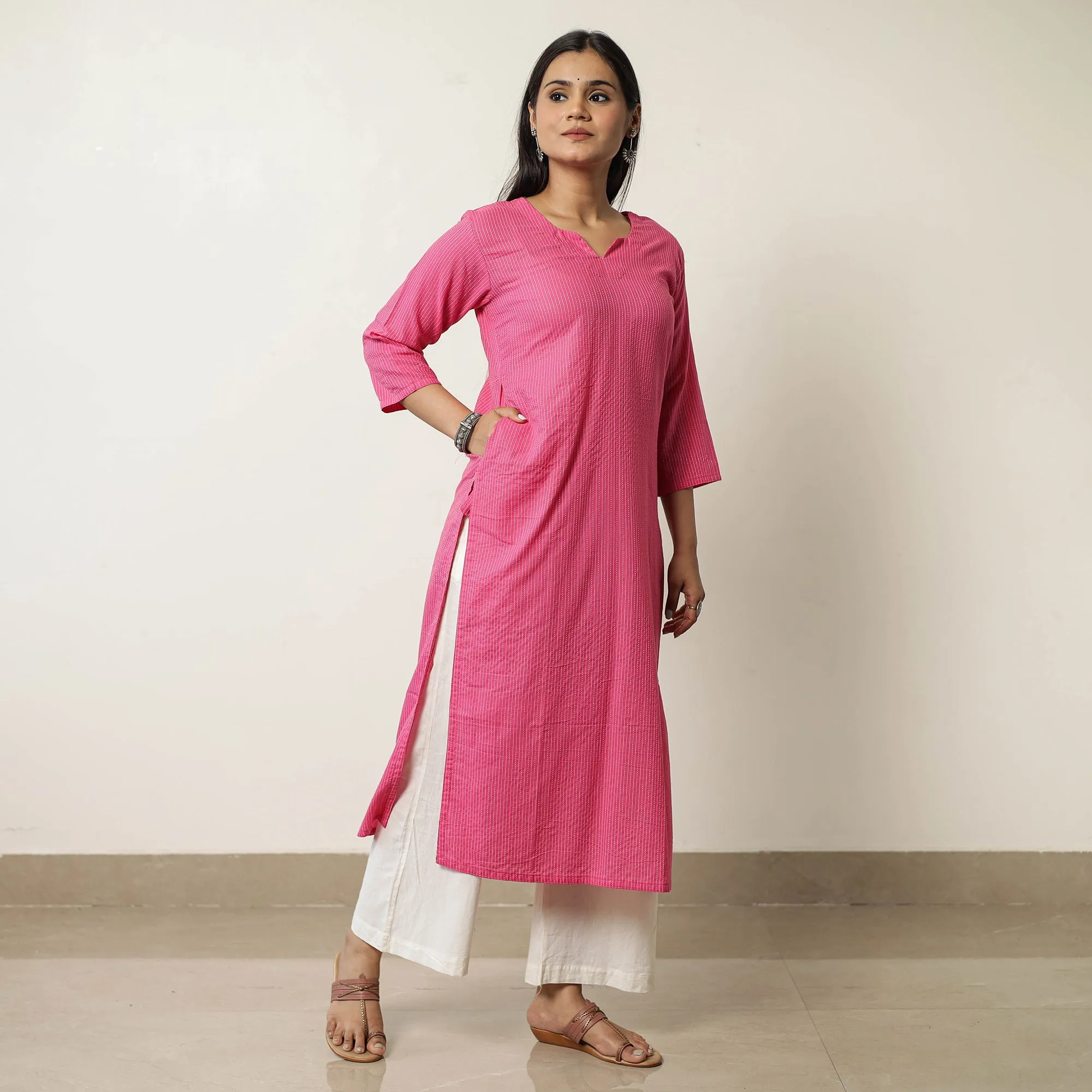 Pink - Running Stitch Cotton Long Kurta 37