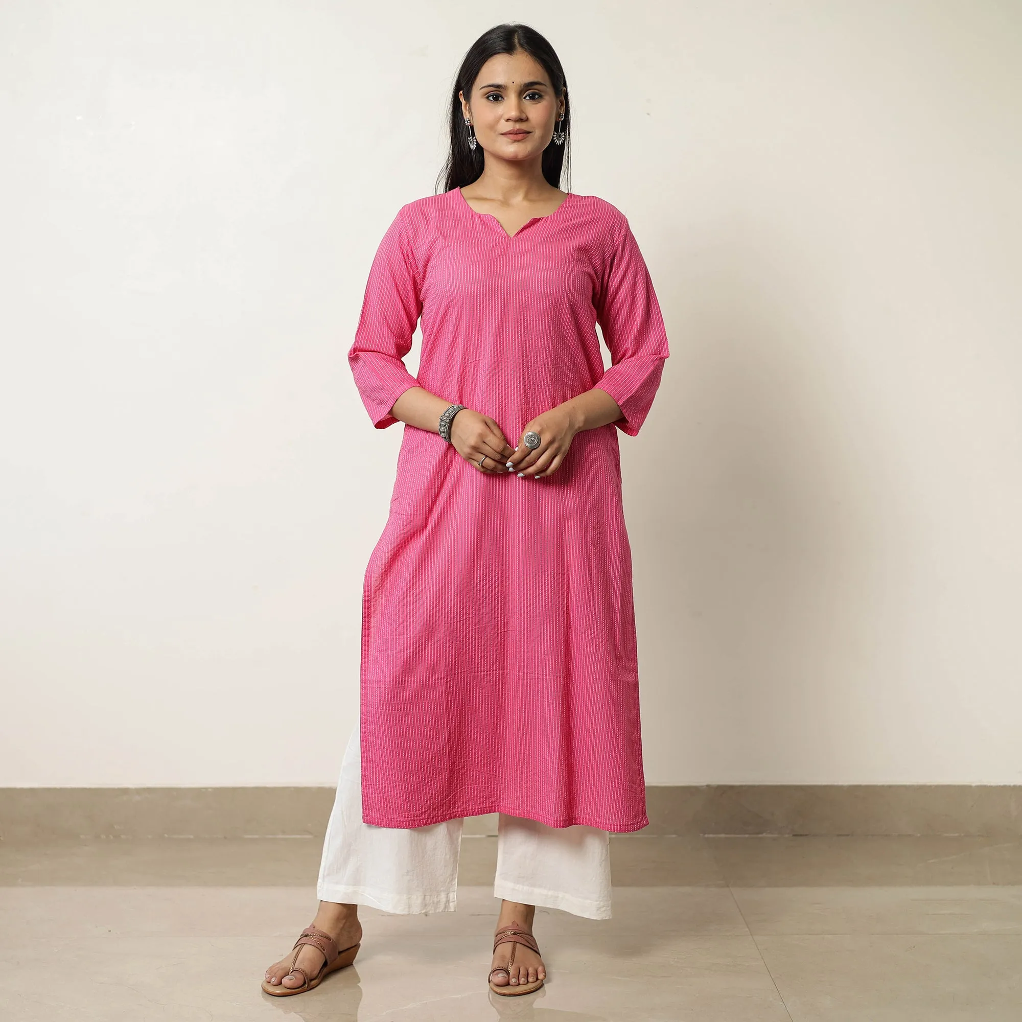 Pink - Running Stitch Cotton Long Kurta 37