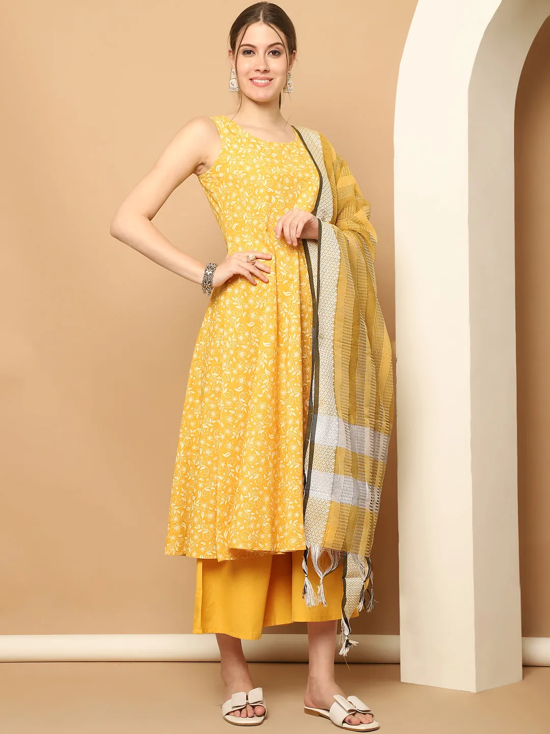 Printed Yellow Flared Kurta Palazzos Dupatta Set