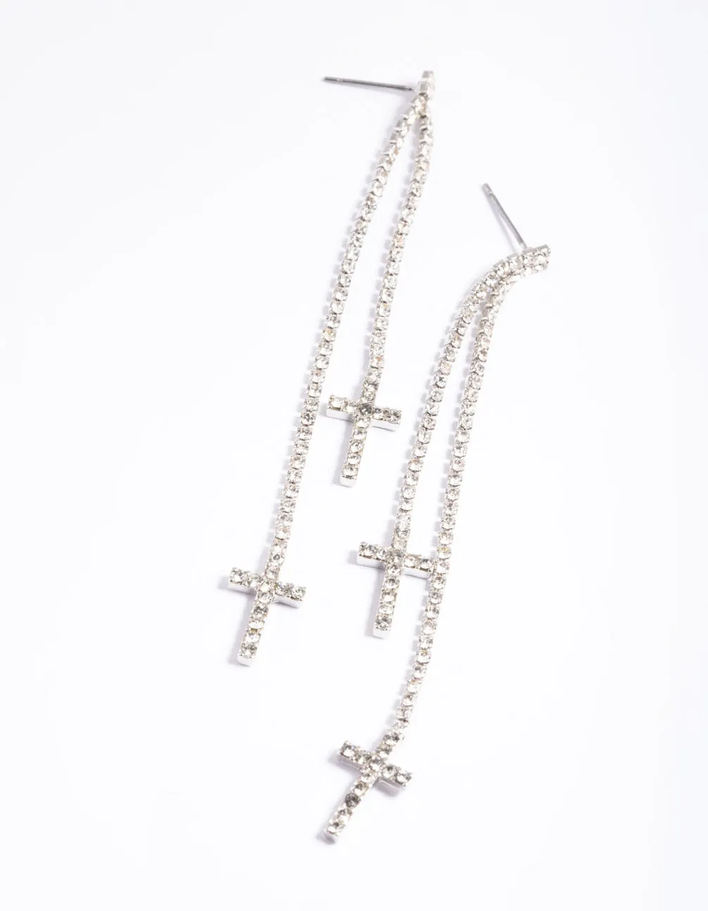 Rhodium Double Cross Stone Drop Earrings