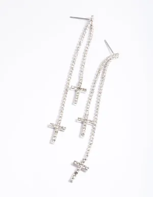 Rhodium Double Cross Stone Drop Earrings