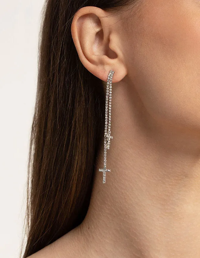 Rhodium Double Cross Stone Drop Earrings