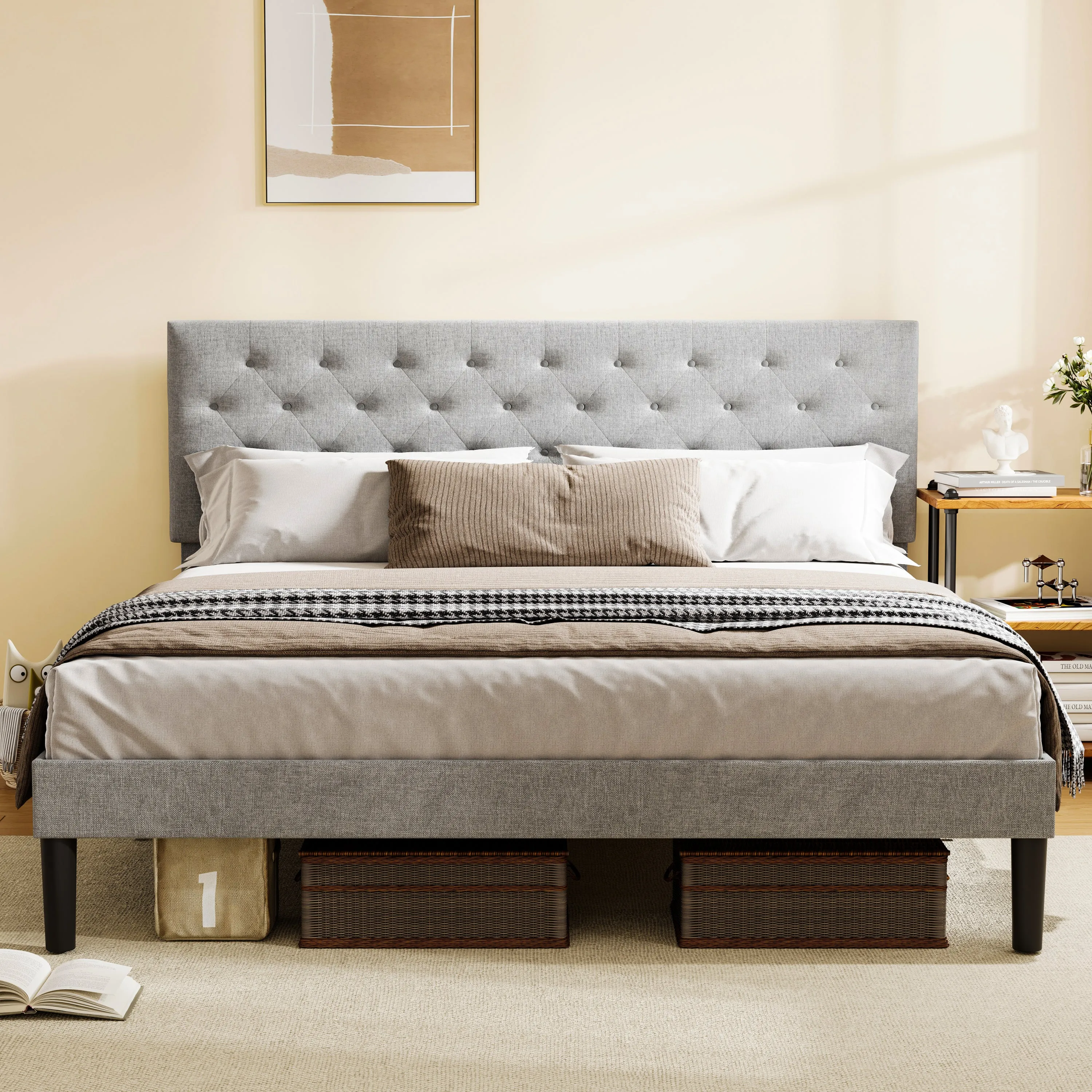 Simple King Size Grey Bed frame, Adjustable Headboard