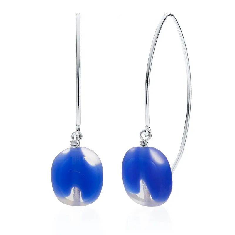 Sky Blue Glass Oval Drop Sterling Silver Wishbone Earrings