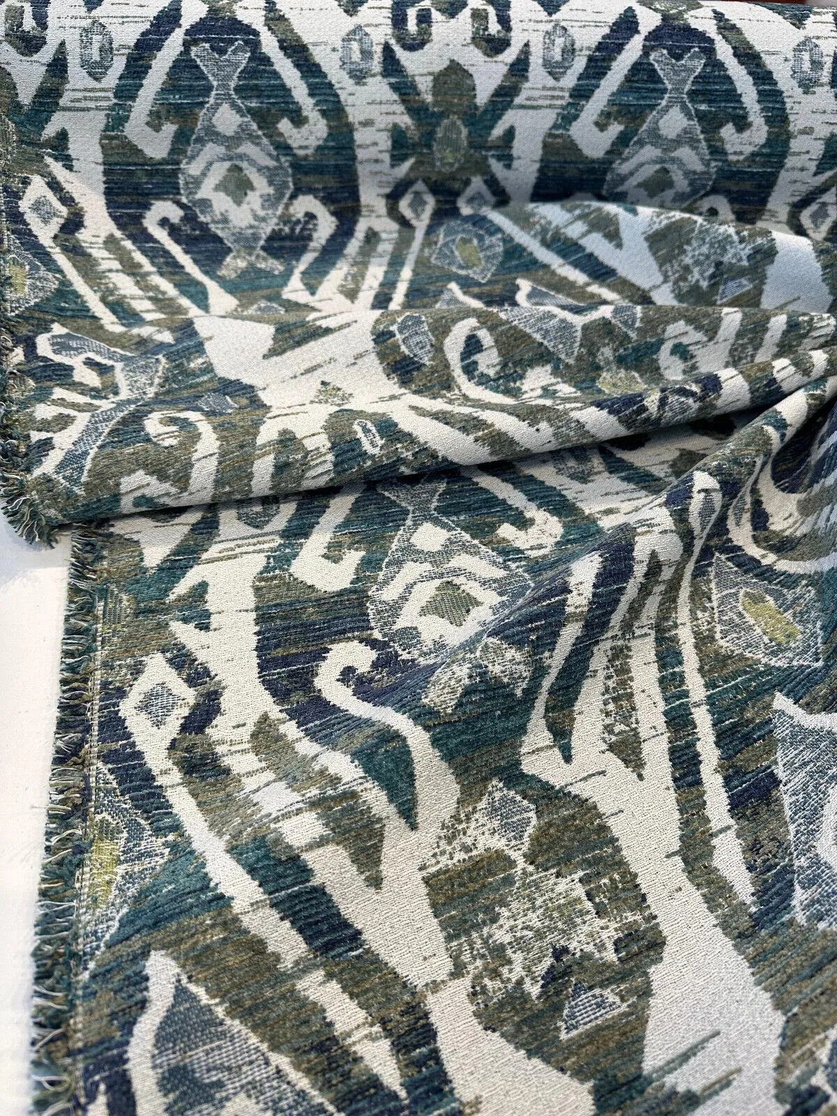 Swavelle Esperanza Ever Green Blue Ikat Chenille Upholstery Fabric By The Yard