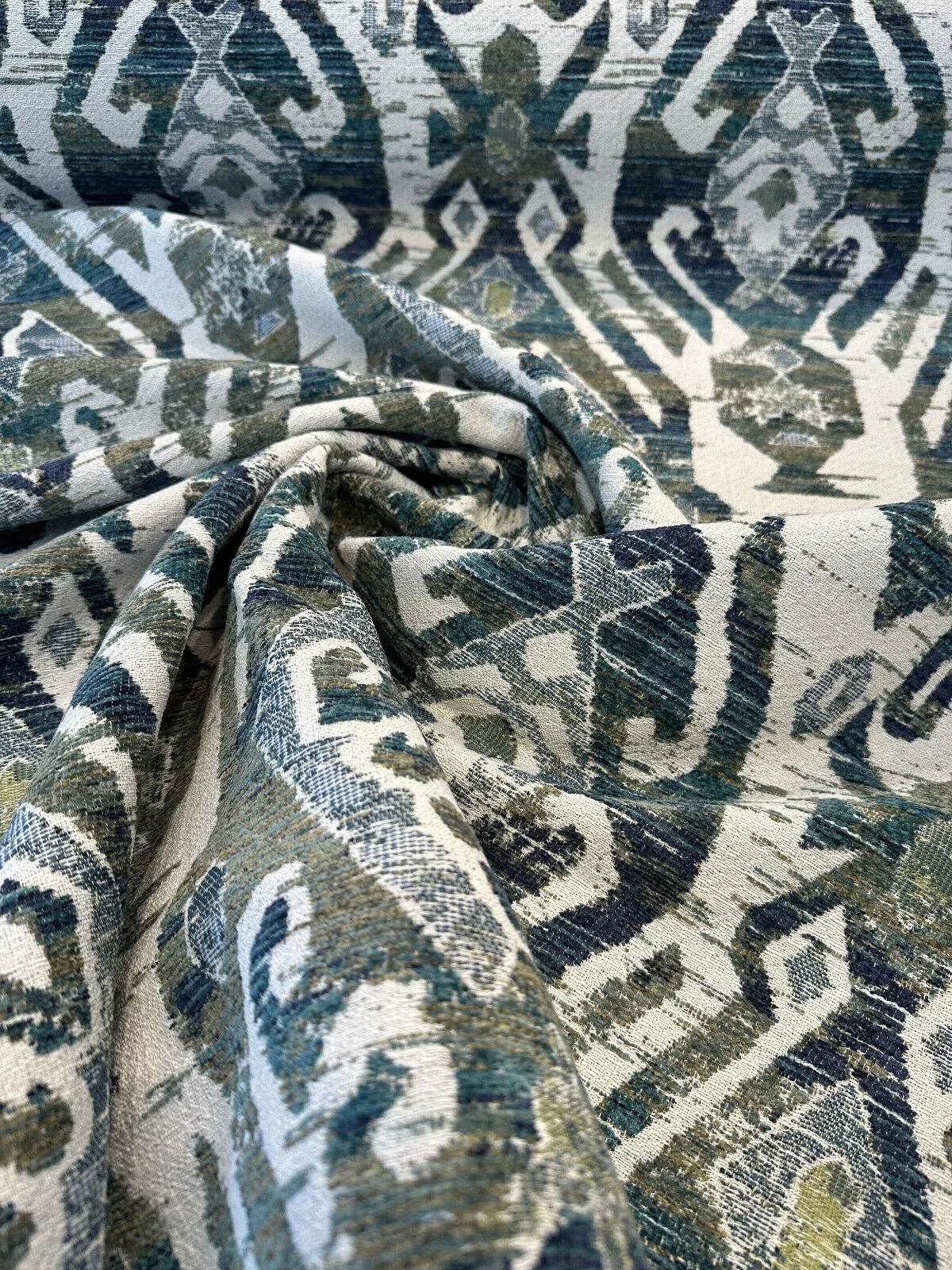 Swavelle Esperanza Ever Green Blue Ikat Chenille Upholstery Fabric By The Yard