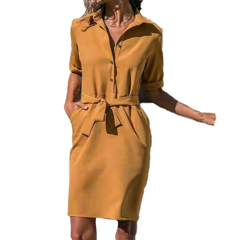 Turn-down Collar Three Quarter Sleeve Shirt Dress