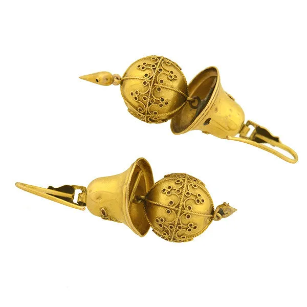 Victorian 15kt Etruscan Ball & Bell Hanging Earrings