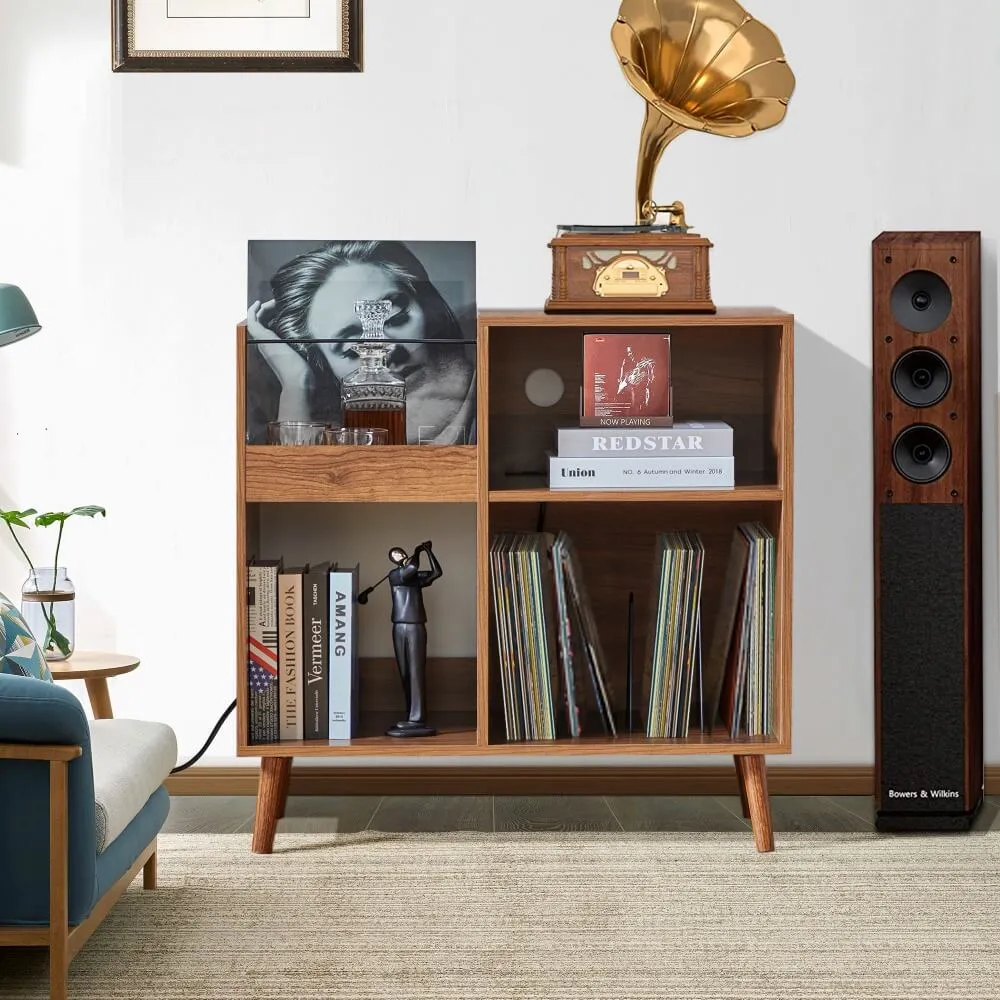 Vinyl Record Player Stand Turntable Stand with Power Outlet